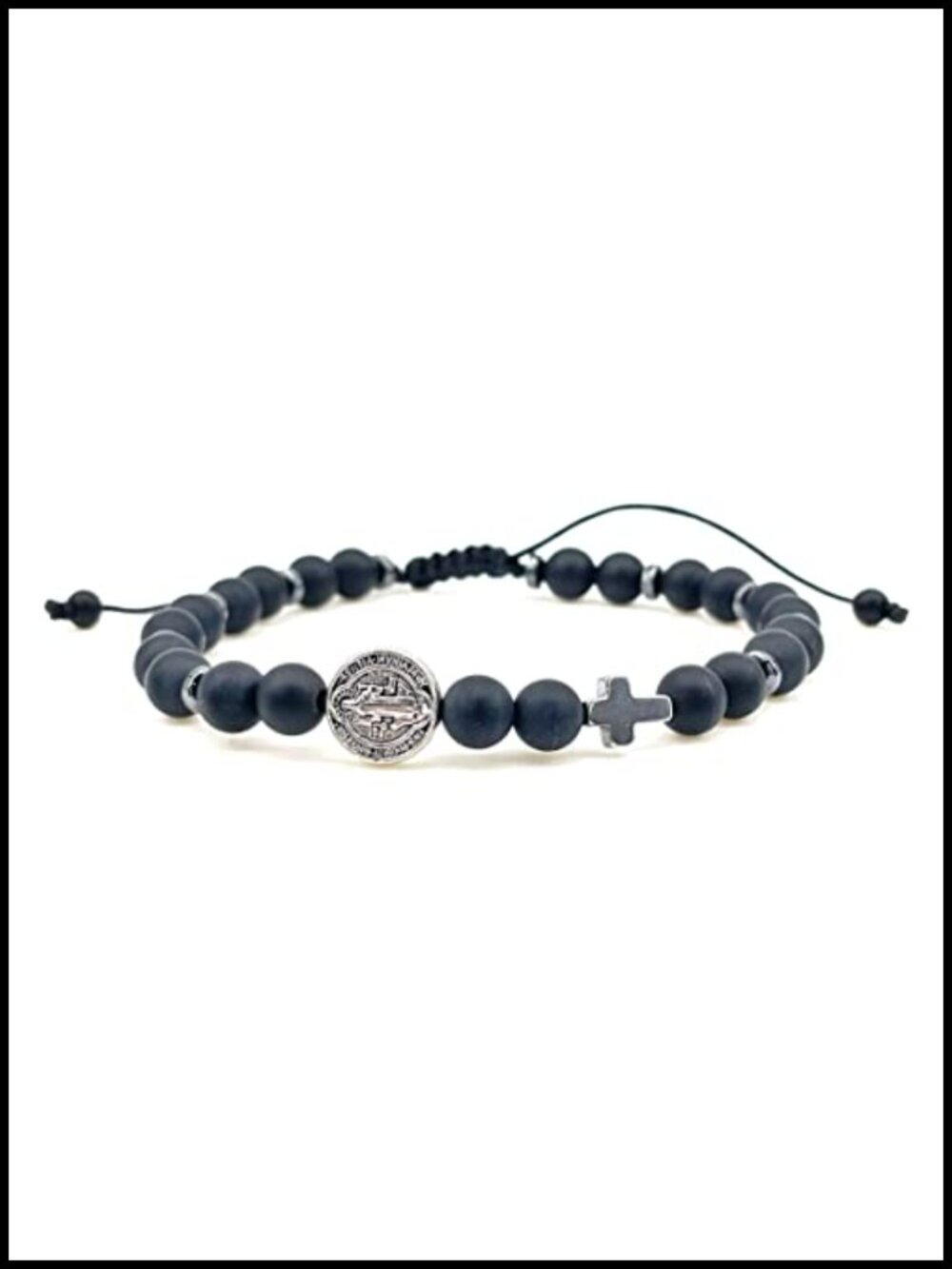 Black Onyx St. Benedict Cross Adjustable Bracelet Men's Beaded